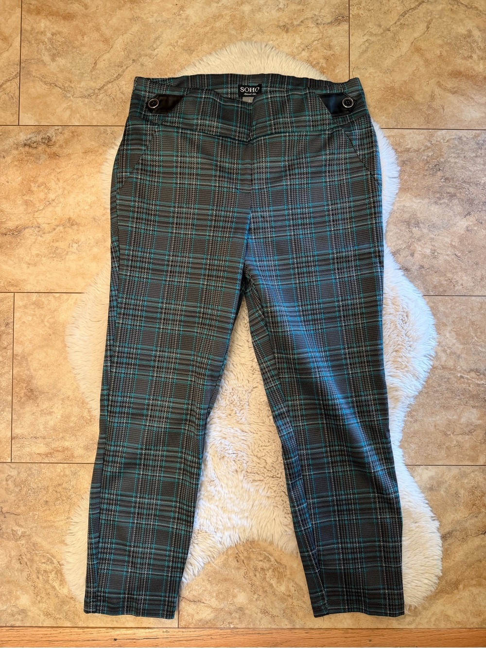 Soho Teal & Black Plaid Slim Dress Pants